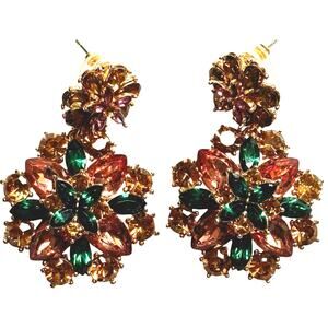 Rhinestone Pierced earrings drop & dangle faceted pink green rose gold stones